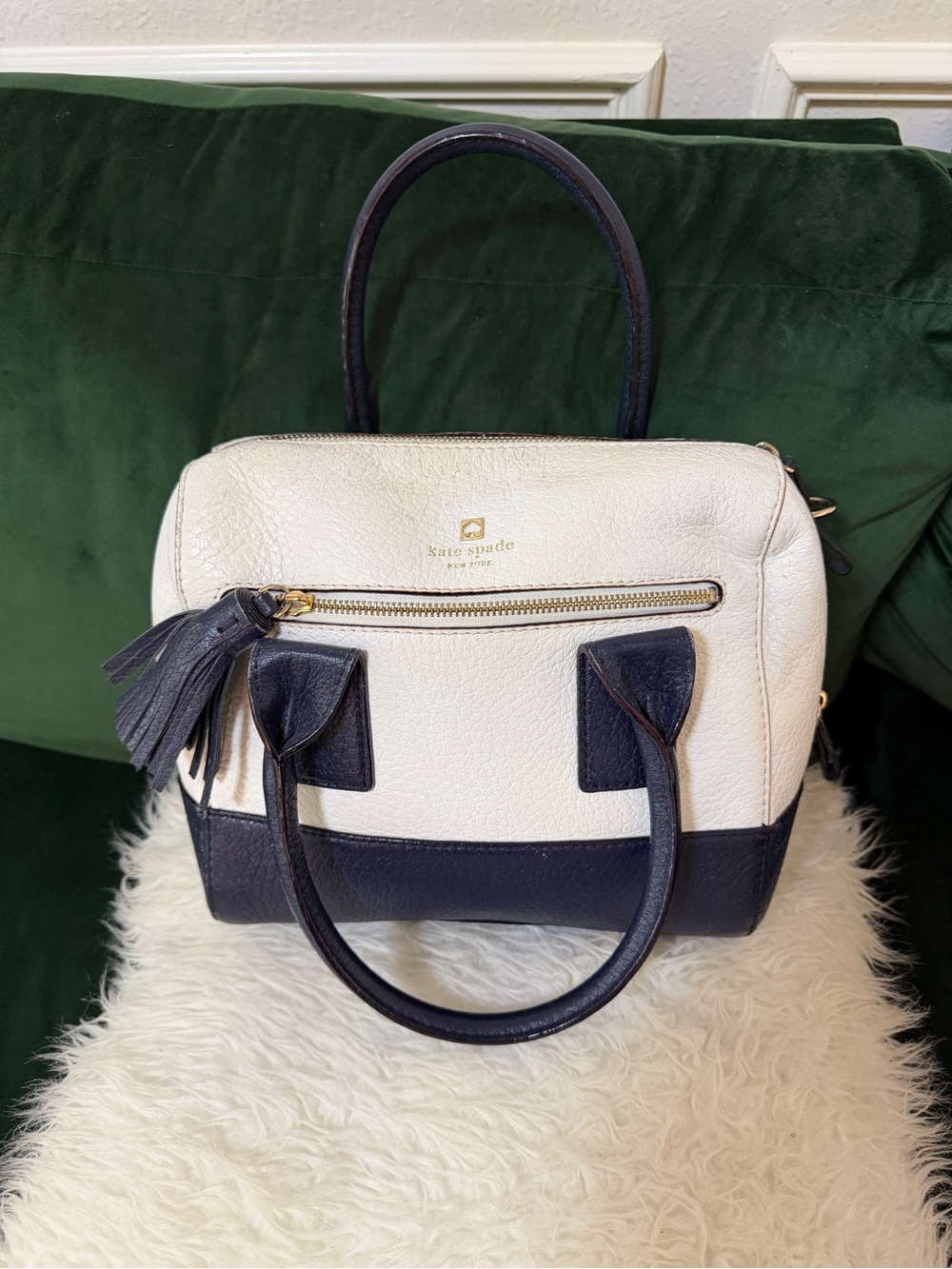 kate spade White and Navy Leather Satchel with Tassel